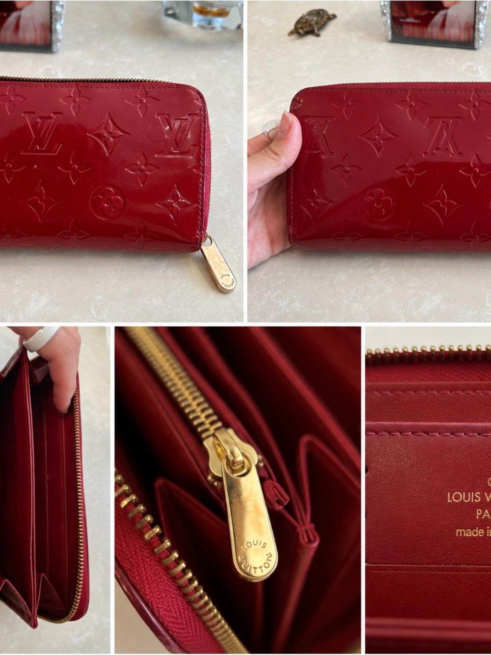 Louis Vuitton Vernis Burgundy Zip-Around Wallet with Gold Hardware